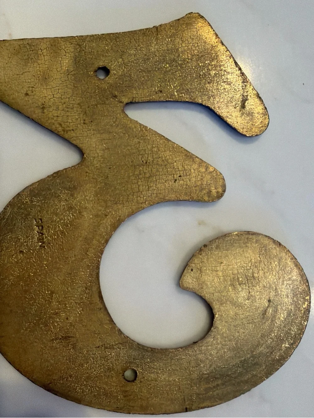 Vintage Solid Brass House Number 3 – Decorative Wall Hook Made in Spain